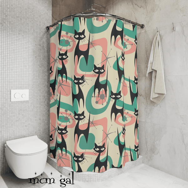Atomic Kittie Cat, Mid Century Modern Mint Green Coral Pink Shower Curtain