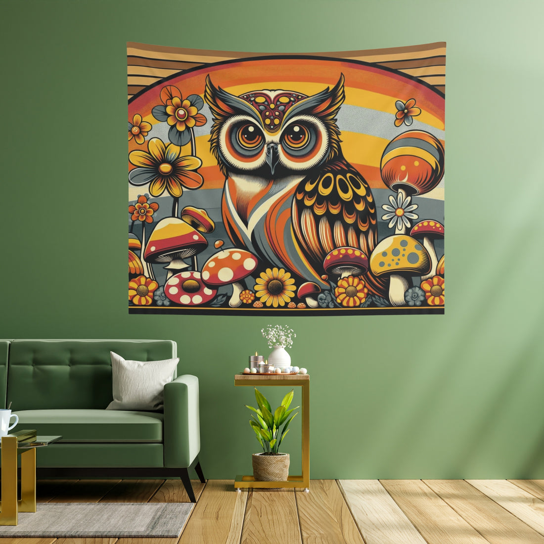 70s Owl Art, Hippie Boho Merry Mushroom, Groovy Brown, Orange, 1970s Home Decor Indoor Wall Tapestries