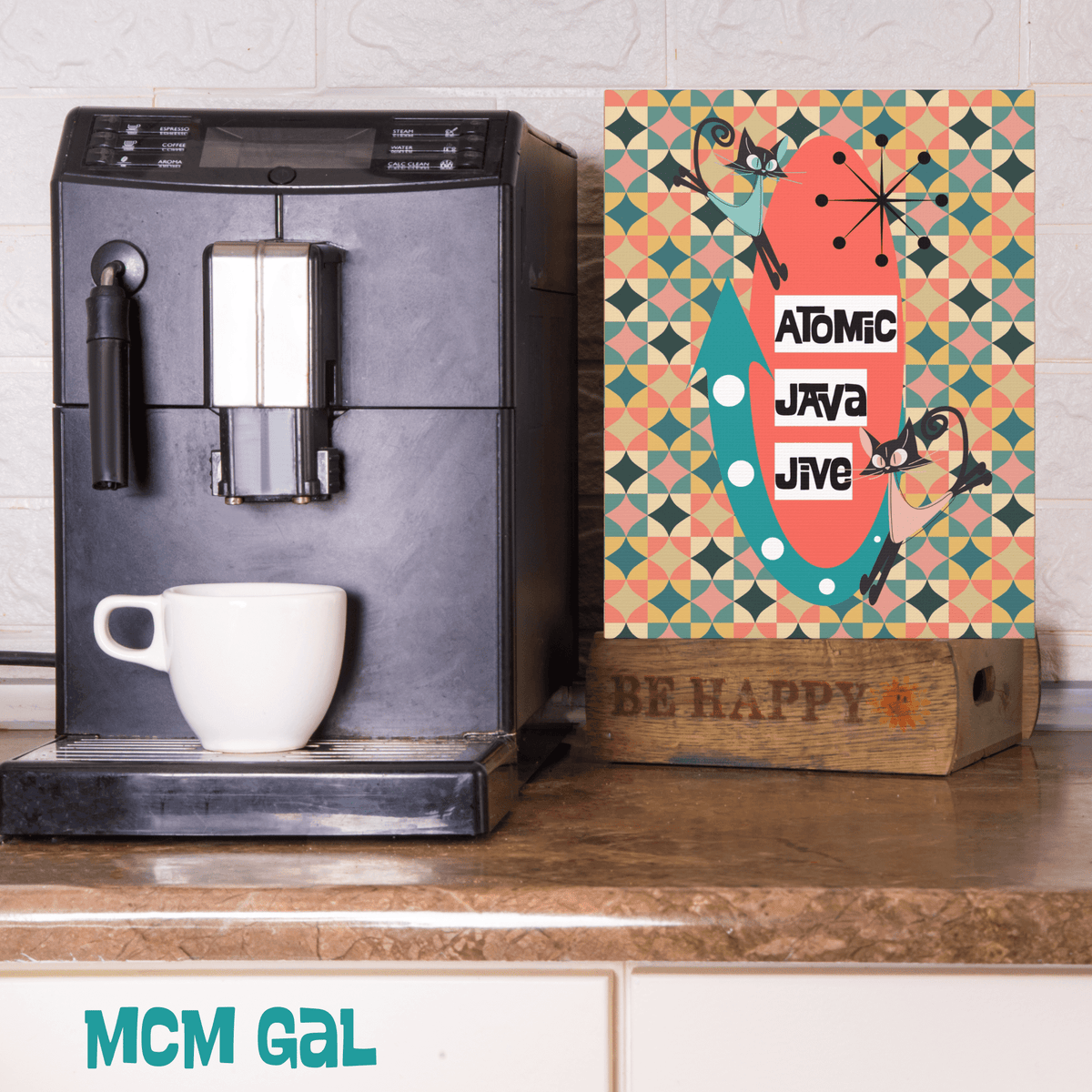Mid Century Modern Coffee Bar, Coffee Nook, Kitschy 50s Wall Art, Atomic Java Jive Coffee Lover Art - Mid Century Modern Gal