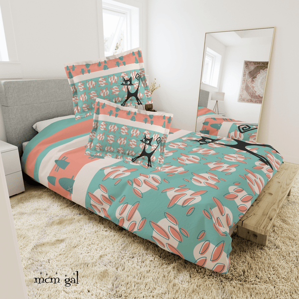 50s Nostalgic Atomic Cat Mid Century Modern Aqua, Coral Pink Peach, Kitschy Mid Century Modern  Duvet Cover