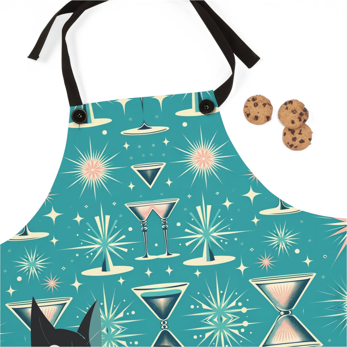 50s Atomic Kitchen Apron, Atomic Cat, Aqua Pink, Cocktail Martini, Mid Century Modern Apron Accessories One Size