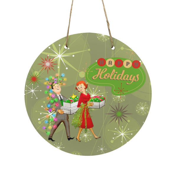 Retro Green Happy Holiday Kitschy Mid Mod Holiday Wooden Door Wall Hanging