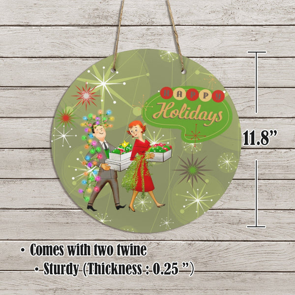Retro Green Happy Holiday Kitschy Mid Mod Holiday Wooden Door Wall Hanging