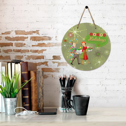 Retro Green Happy Holiday Kitschy Mid Mod Holiday Wooden Door Wall Hanging Art Prints One Size