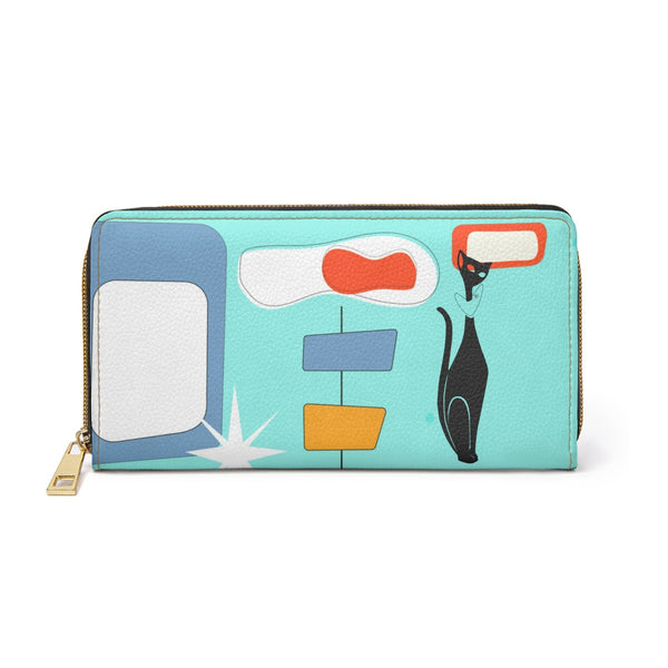 Atomic Cat, Aqua Blue, Mid Century Modern Funky Fun, Retro  Zipper Wallet