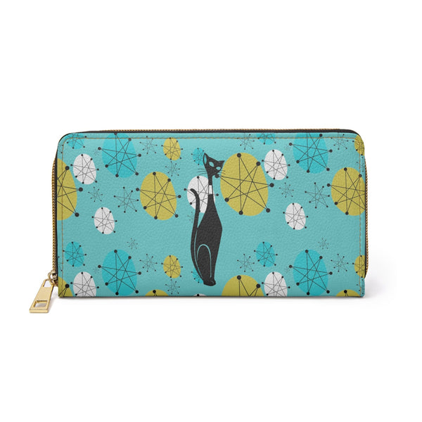 Atomic Cat, Fransican Pattern, Aqua Blue Zipper Wallet