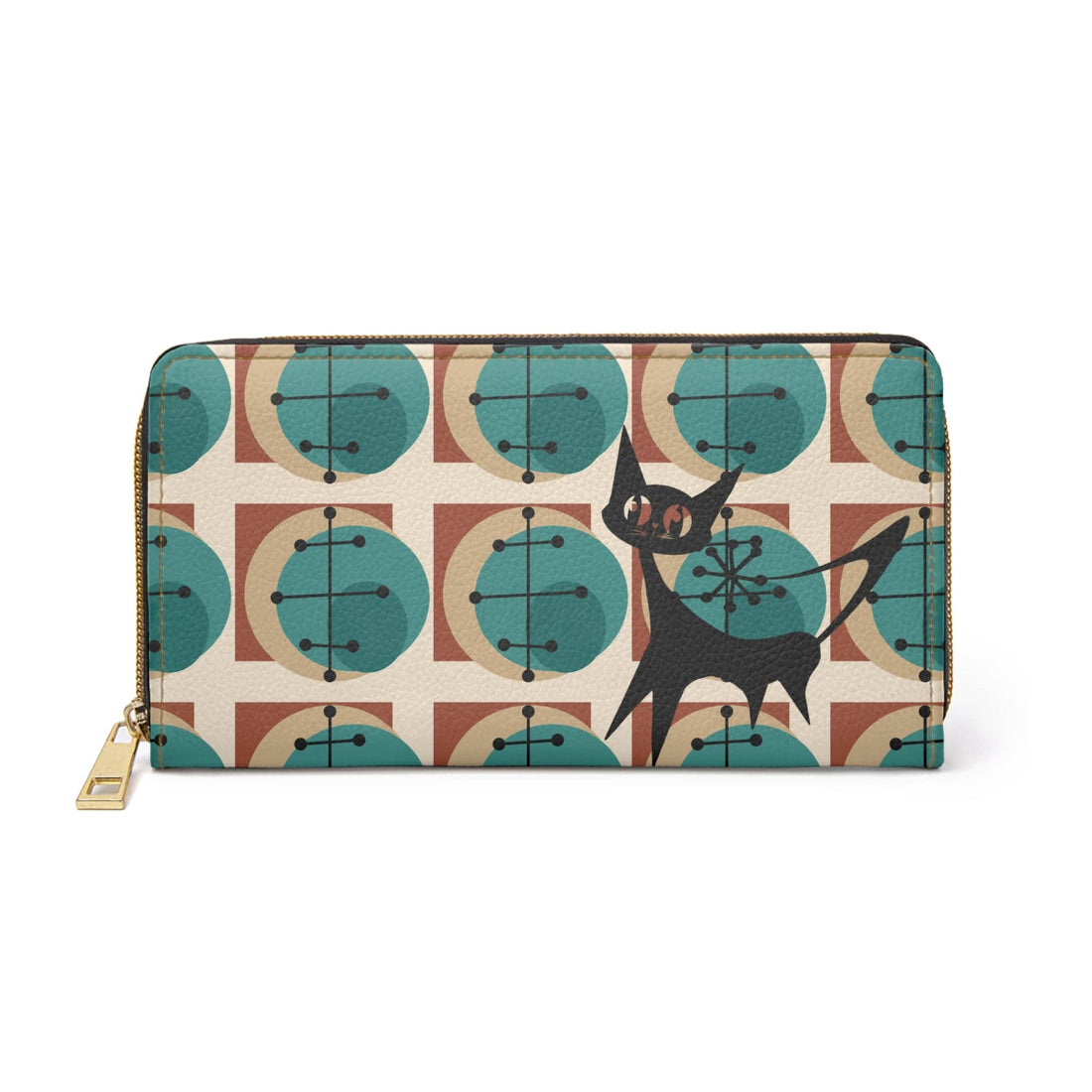 Atomic Cat, Kitschy Mid Mod, Geometric Brown, Teal,  Retro Zipper Wallet Accessories One size / White