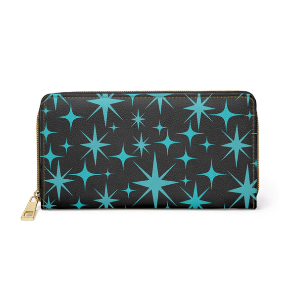 Atomic Starburst, Aqua Blue, Black, Mid Mod Retro Zipper Wallet