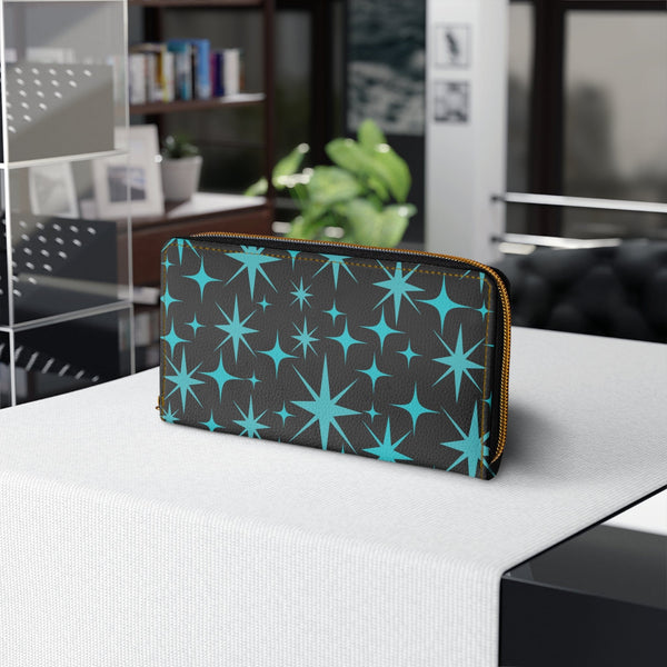 Atomic Starburst, Aqua Blue, Black, Mid Mod Retro Zipper Wallet