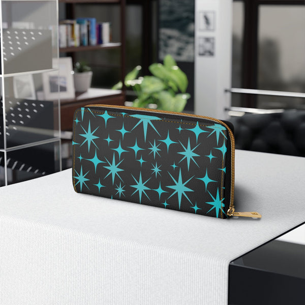 Atomic Starburst, Aqua Blue, Black, Mid Mod Retro Zipper Wallet