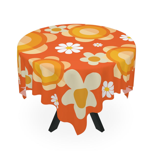 60's Vibe Flower Power Groovy Funky Daisy Orange Mid Mod Table Cloth