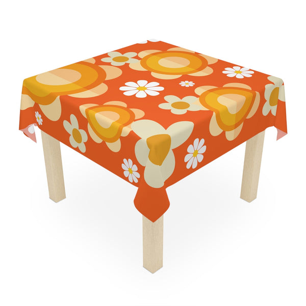60's Vibe Flower Power Groovy Funky Daisy Orange Mid Mod Table Cloth