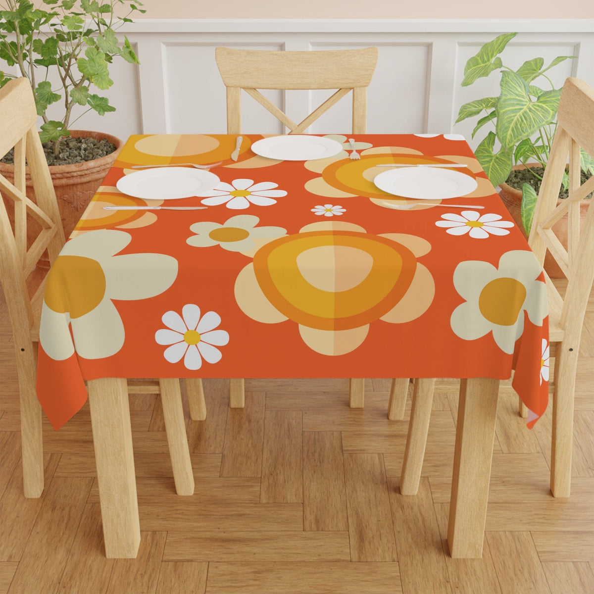Copy of 60's Vibe Flower Power Groovy Funky Daisy Orange Mid Mod Table Cloth Home Decor One size / White