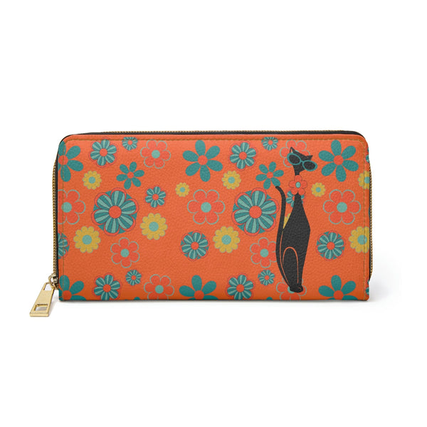 Flower Power, 70's Orange Groovy Atomic Cat, Hip Zipper Wallet