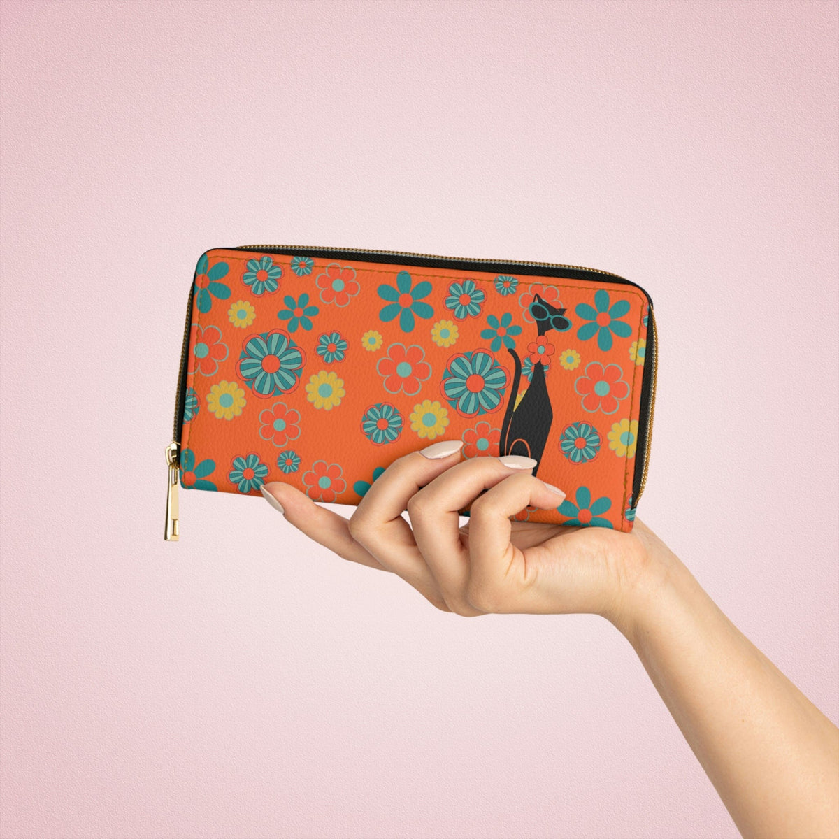 Flower Power, 70's Orange Groovy Atomic Cat, Hip Zipper Wallet Accessories One size / White