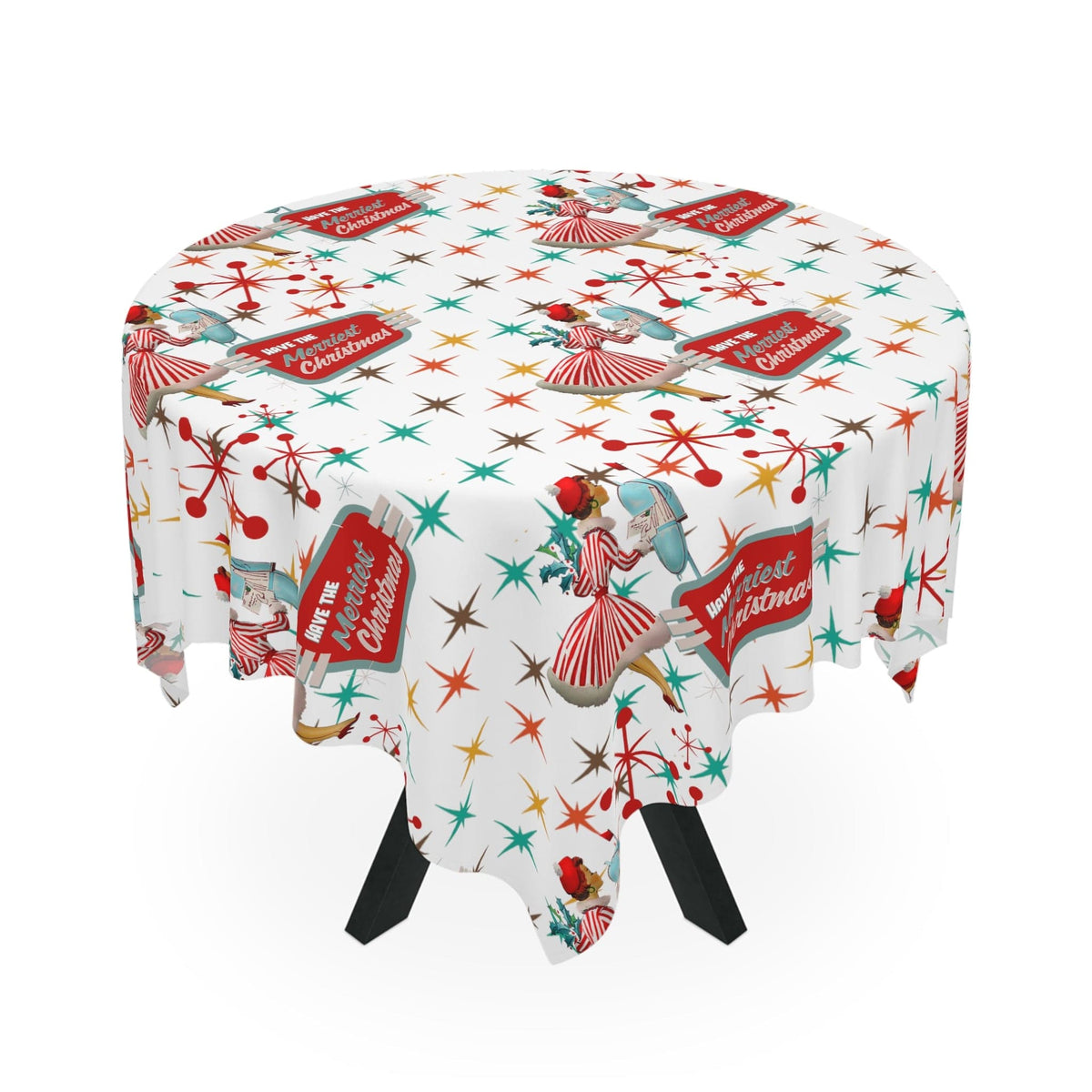 Mid Century Modern Christmas Atomic 50's Kitschy Retro Starburst Table Cloth WIth Mid Mod Gal Christmas Kitchen Linens Home Decor One size / White