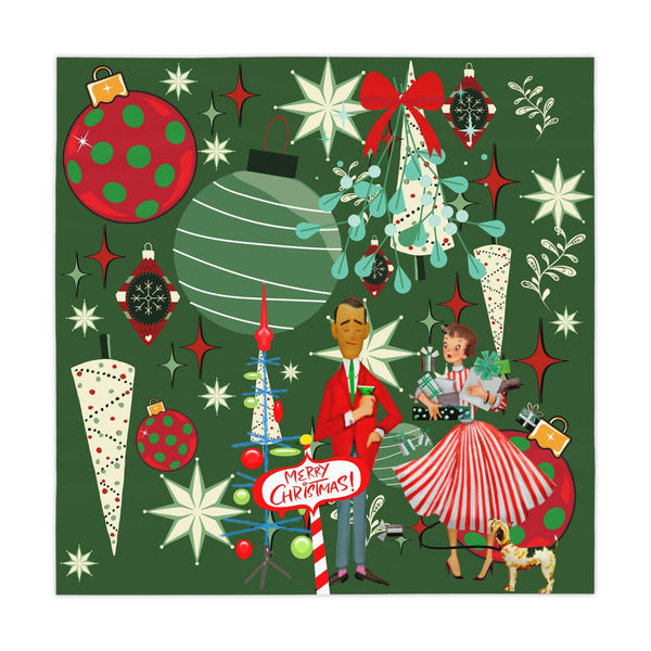 Mid Century Modern Christmas Tablecloth, Kitschy 50's Retro Couple, Green, Red, Atomic Starbusts