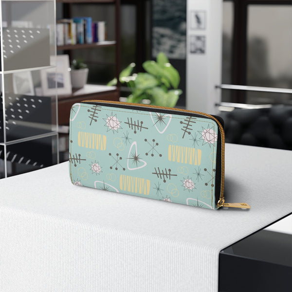 Mid Century Modern Light Aqua Blue Atomic Starburst MCM Zipper Wallet