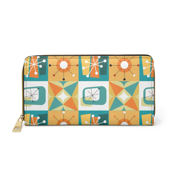 Mid Century Modern, Retro Geometric Groovy Teal, Orange, Zipper Wallet