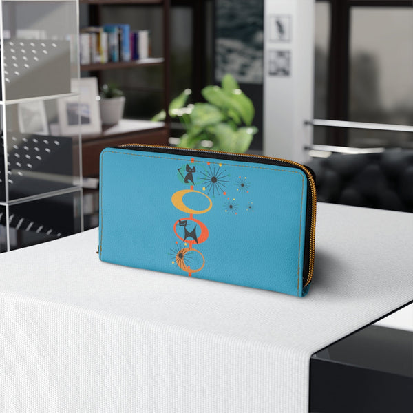 Mid Mod Atomic Space Cat, Turquoise Retro Zipper Wallet