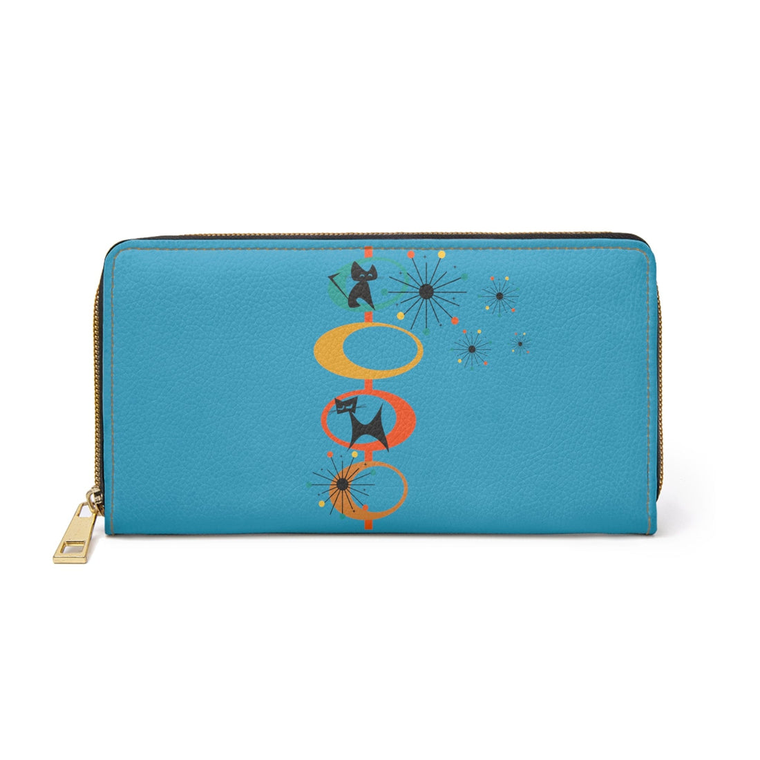 Mid Mod Atomic Space Cat, Turquoise Retro Zipper Wallet Accessories One size / White