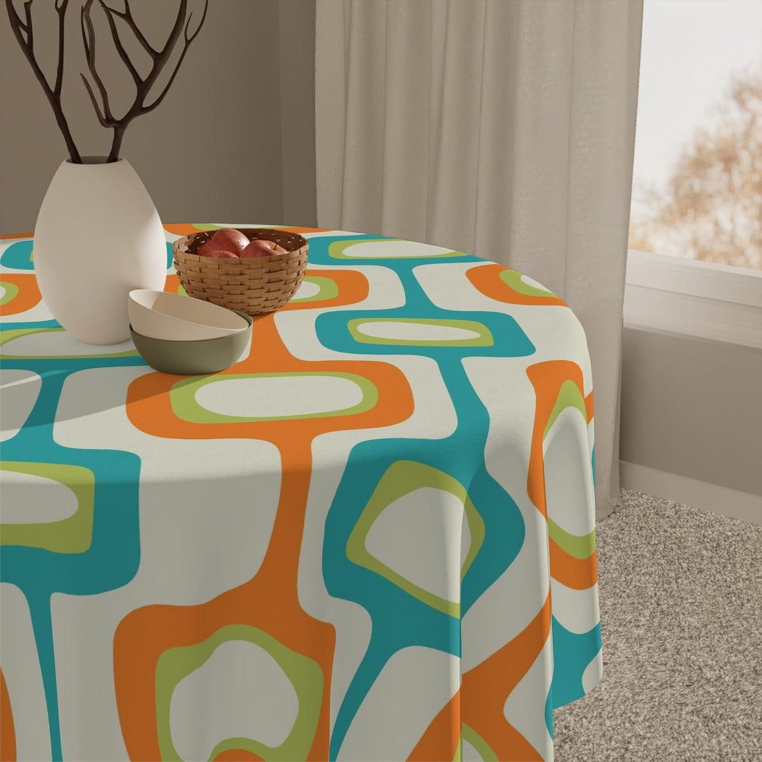 Mid Mod Retro Geometric, Orange, Teal Beige MCM Tablecloth Home Decor One size / White