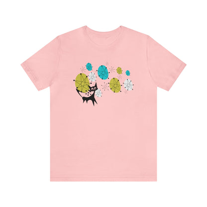 Atomic Cat, Mid Century Modern Franciscan Pattern Starburst, Retro Mod T-Shirt, Unisex Sizing T-Shirt Pink / L