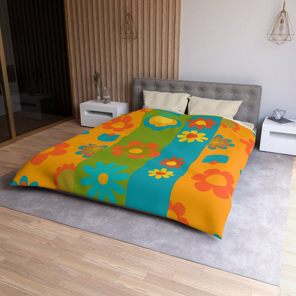 70's Flower Power Retro Bedding, Orange, Green, Yellow, Blue, Hipster Style Microfiber Duvet Cover