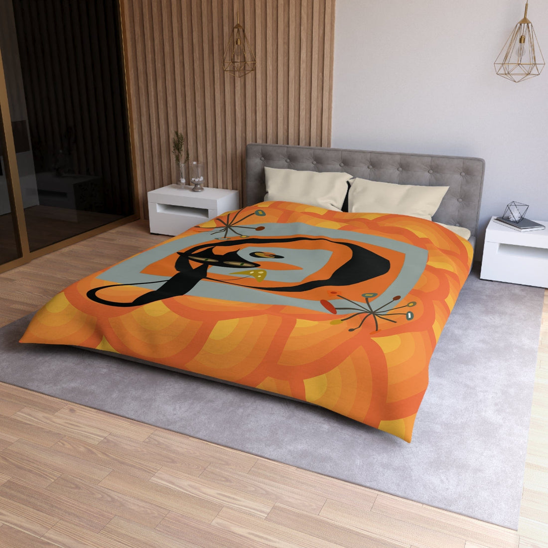 Atomic Cat, Groovy Retro Orange, Mid Mod Duvet Cover Home Decor Queen / Cream