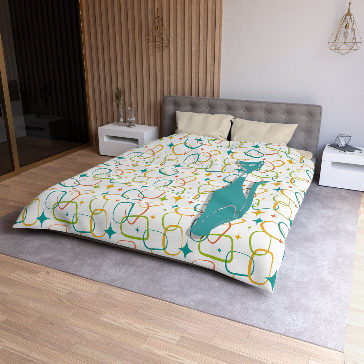 Mid Century Modern, Simple Modernist Atomic Cat, Geometric Retro MCM Microfiber Duvet Cover Home Decor Queen / Cream