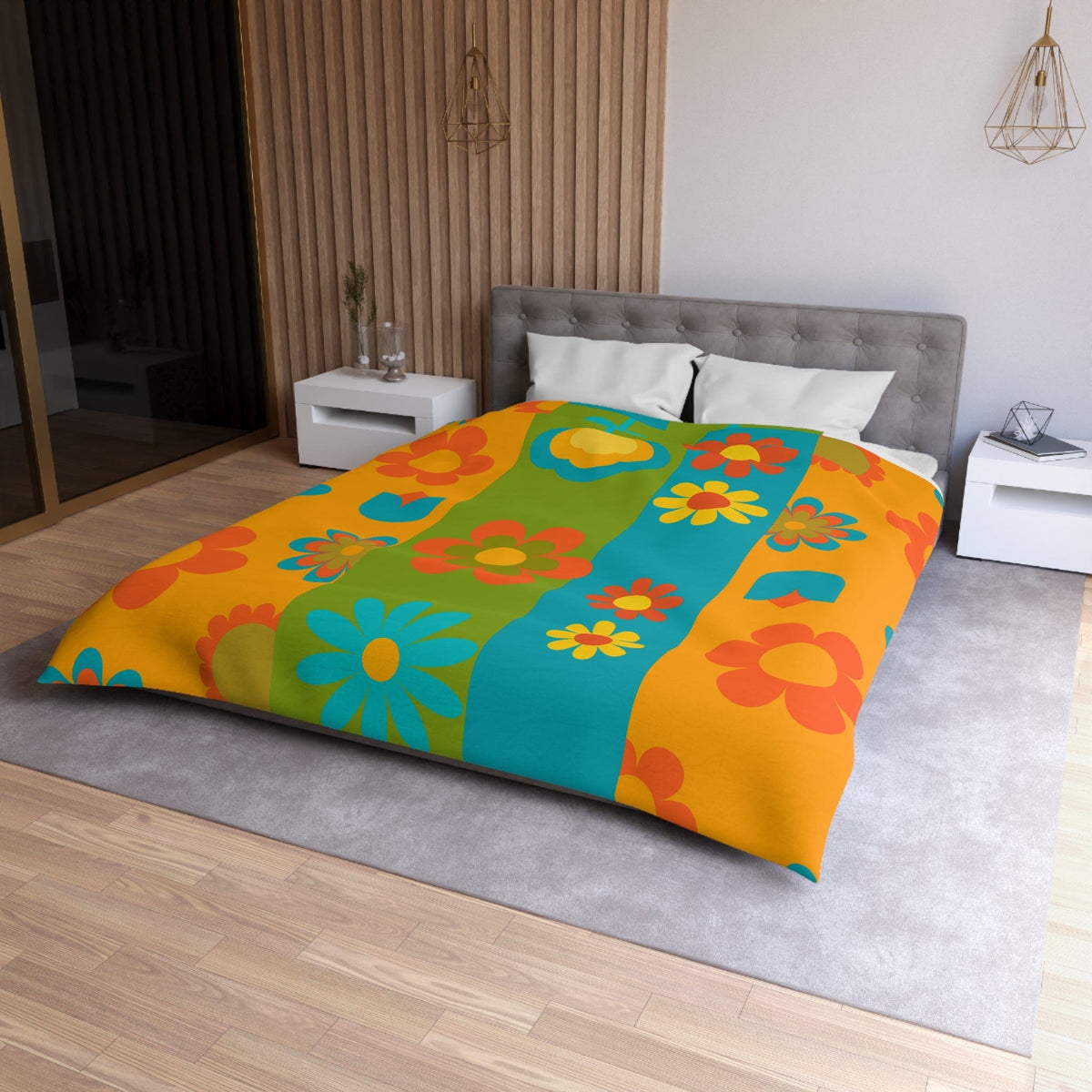 70's Flower Power Retro Bedding, Orange, Green, Yellow, Blue, Hipster Style Microfiber Duvet Cover Home Decor Queen / White