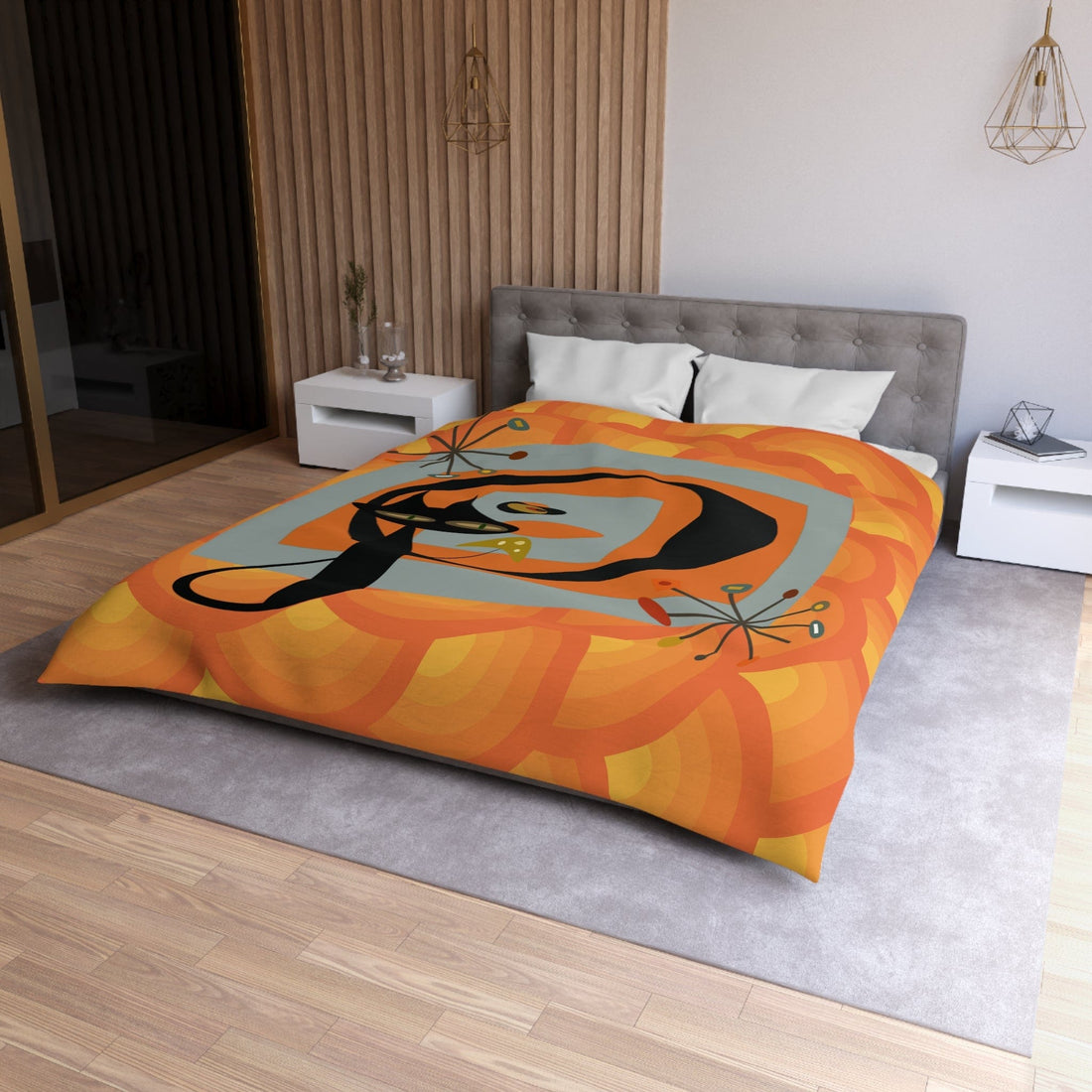 Atomic Cat, Groovy Retro Orange, Mid Mod Duvet Cover Home Decor Queen / White