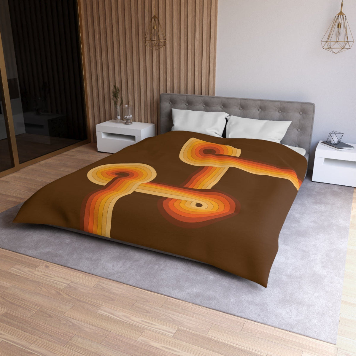 Groovy 70's Chocolate Brown, Orange, Retro Microfiber Duvet Cover Home Decor Queen / White