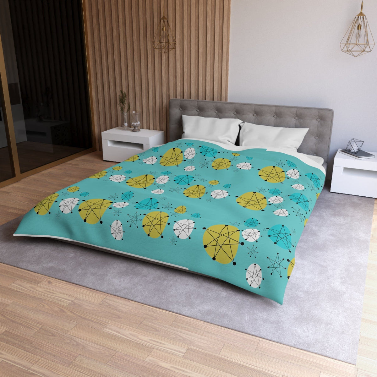 Mid Mod Atomic 50's Franciscan Pattern, Aqua Blue, MCM Designs By Mid Century Modern Gal Microfiber Duvet Cover Home Decor Queen / White
