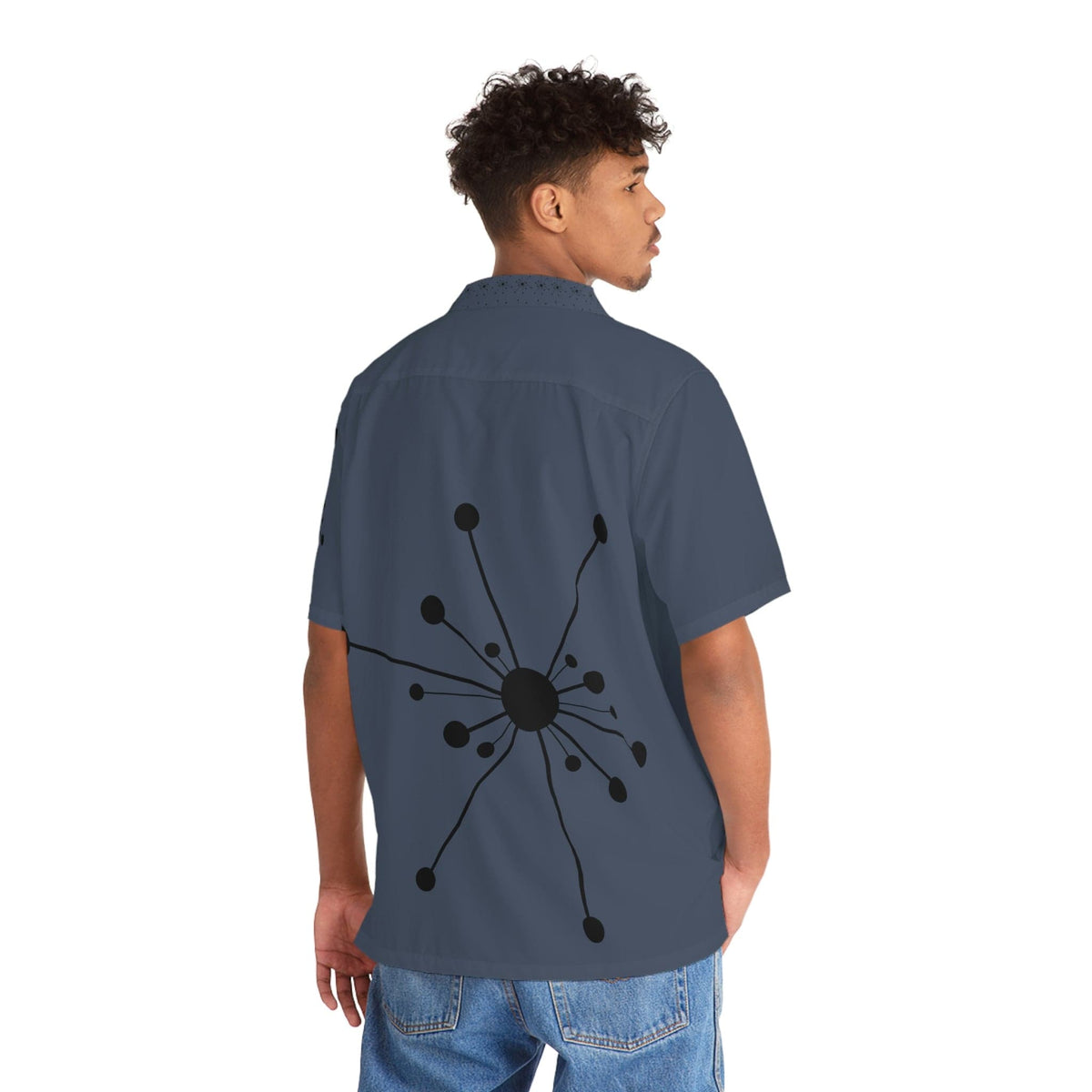 Real Cool Atomic Cat, With Real Cool Style, Retro Mid Mod, Midnight Blue Men's Hawaiian Shirt All Over Prints