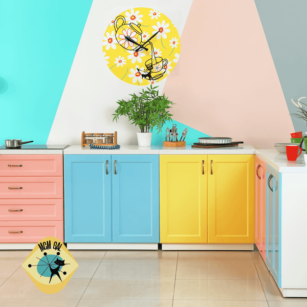 Retro 70's Daisy Kitschy Tea Time Yellow, Aqua, Atomic Mod Cat, Acrylic Wall Clock