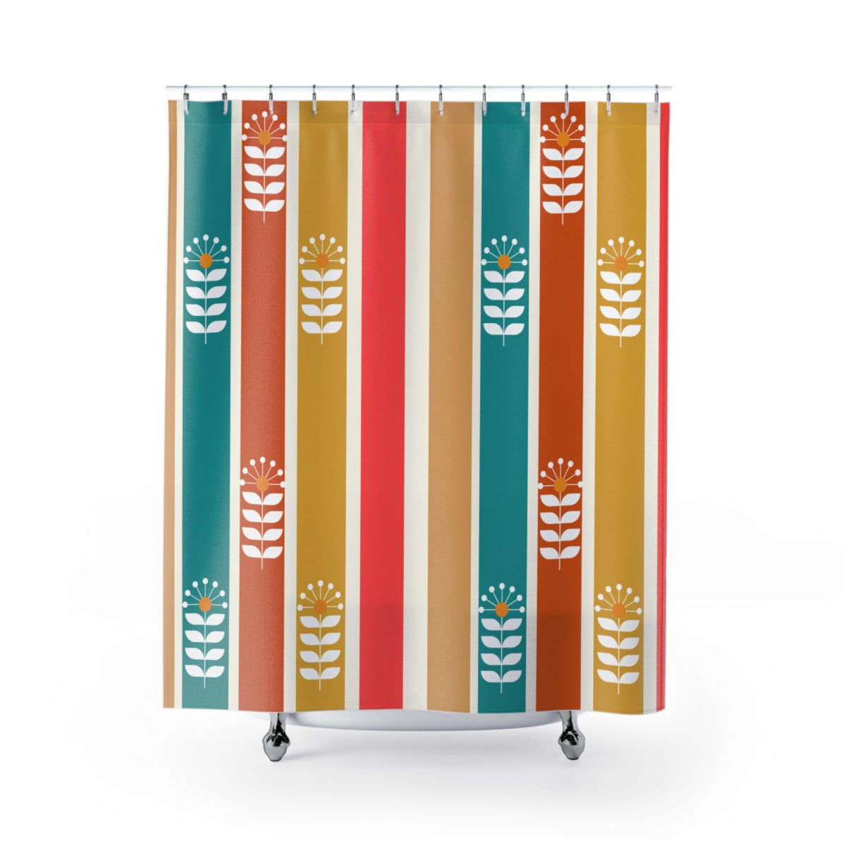 Retro Floral Scandinavian Mid Mod Boho Floral Shower Curtain - Colorful Striped Design for Vibrant Bathrooms - Mid Century Modern Gal
