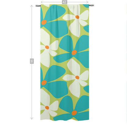 Retro Flower Power, Happy Green, Teal, White, Mod Curtain, Single Panel Curtains