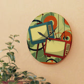 Retro Mid Century Modern Geometric Art,  Retro TV, Orange, Green Cool Acrylic Wall Clock Home Decor