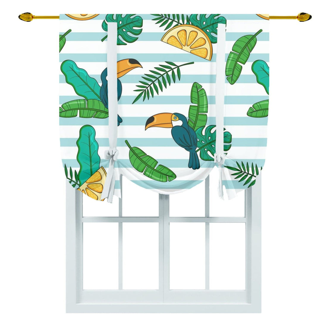 Retro Tiki, Tropical Tucan Bird, Lemon, Blue And White Stripe, Beachy Vibe, Mod Tie Up curtain Curtains
