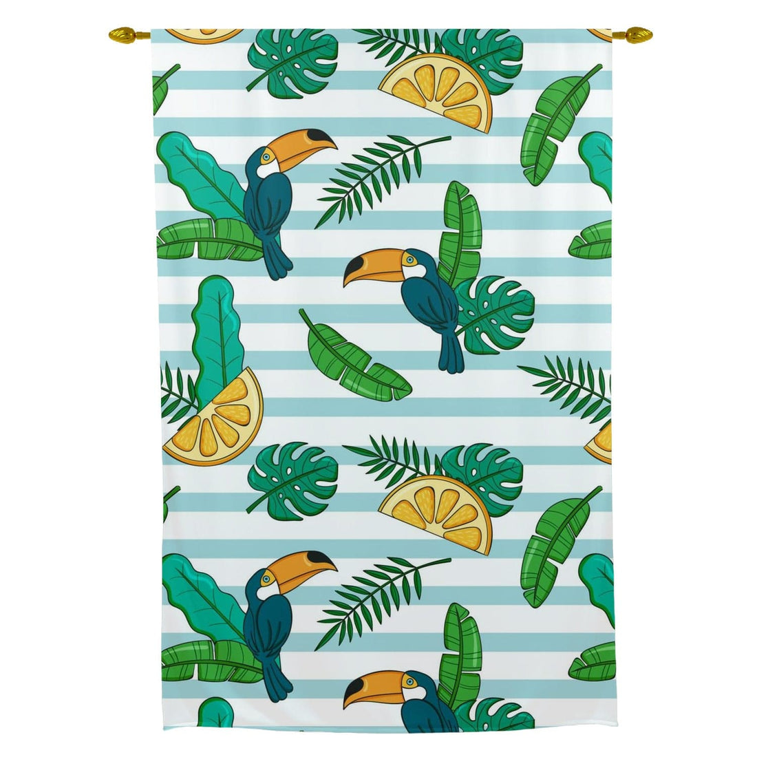 Retro Tiki, Tropical Tucan Bird, Lemon, Blue And White Stripe, Beachy Vibe, Mod Tie Up curtain Curtains