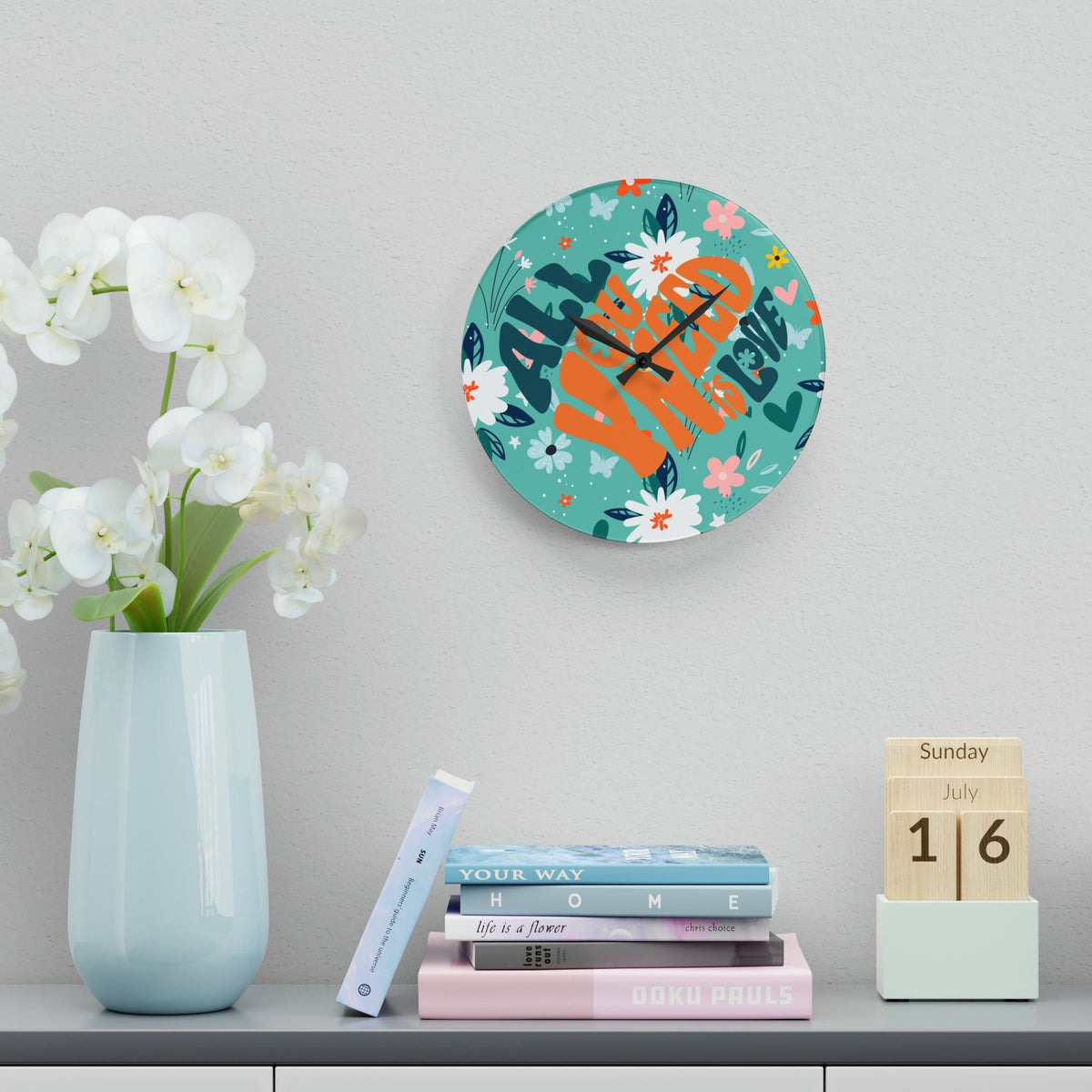Retro Wild Child Flowers, Mod Daisy, All You Need Is Love, Groovy Acrylic Wall Clock Home Decor
