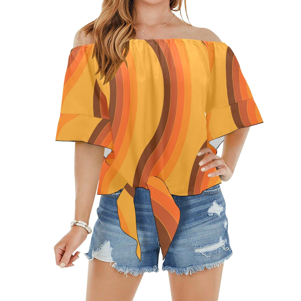 Retro Apparel, Tie At the Waist Flowy Groovy, Mod Blouses S / 70's Golden Brown Yellow Off Shoulder Knot Front Blouse Top (Model T71)