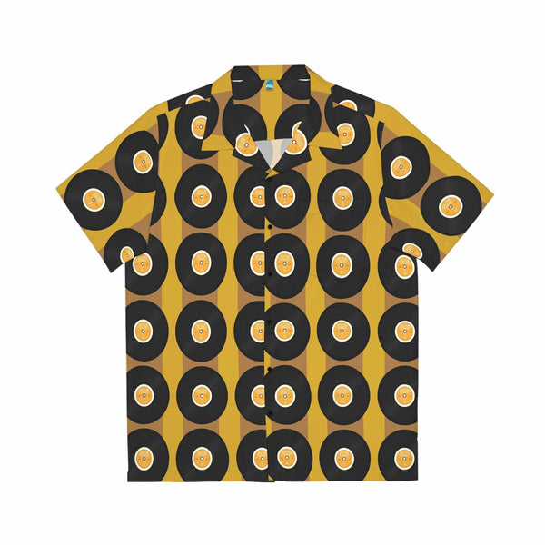 1970's Retro Party Shirt, Groovy Records, Hipster, Mustard Yellow, Black Mid Century Modern Men's Hawaiian Shirt