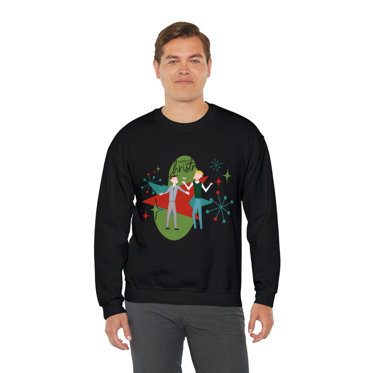 Mid Century Modern Men Couples Sweatshirt, Gay Couple, Retro Holidaay Heavy Blend™ Crewneck Sweatshirt Sweatshirt S / Black