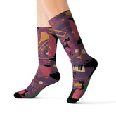 Crazy Socks, Atomic Jazz Cats, Retro Purple Music Socks All Over Prints S