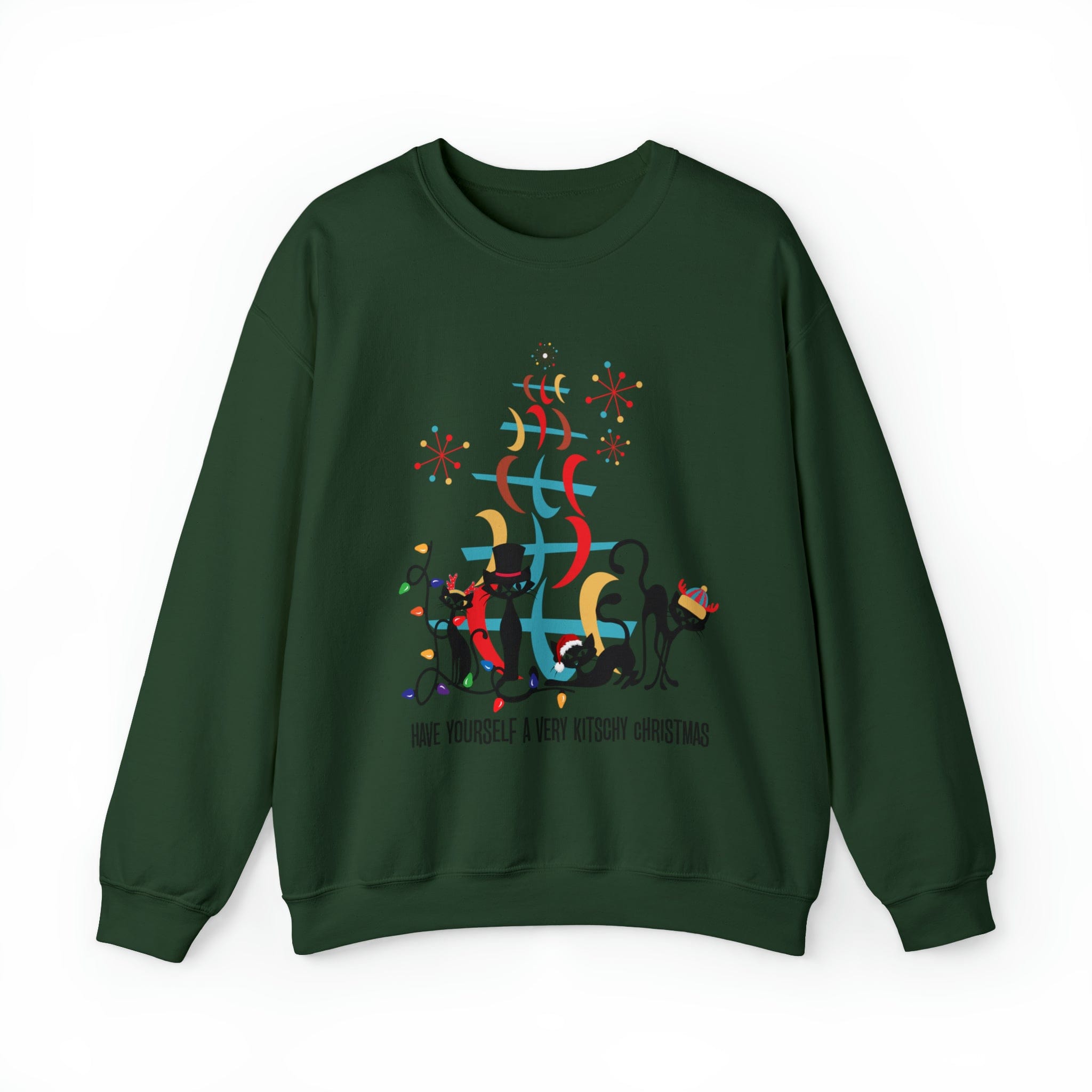 Atomic Cat Christmas Sweater, Have Yourself A Very Kitschy Christmas Cozy Loose Fit, Sweatshirt Sweatshirt S / Forest Green