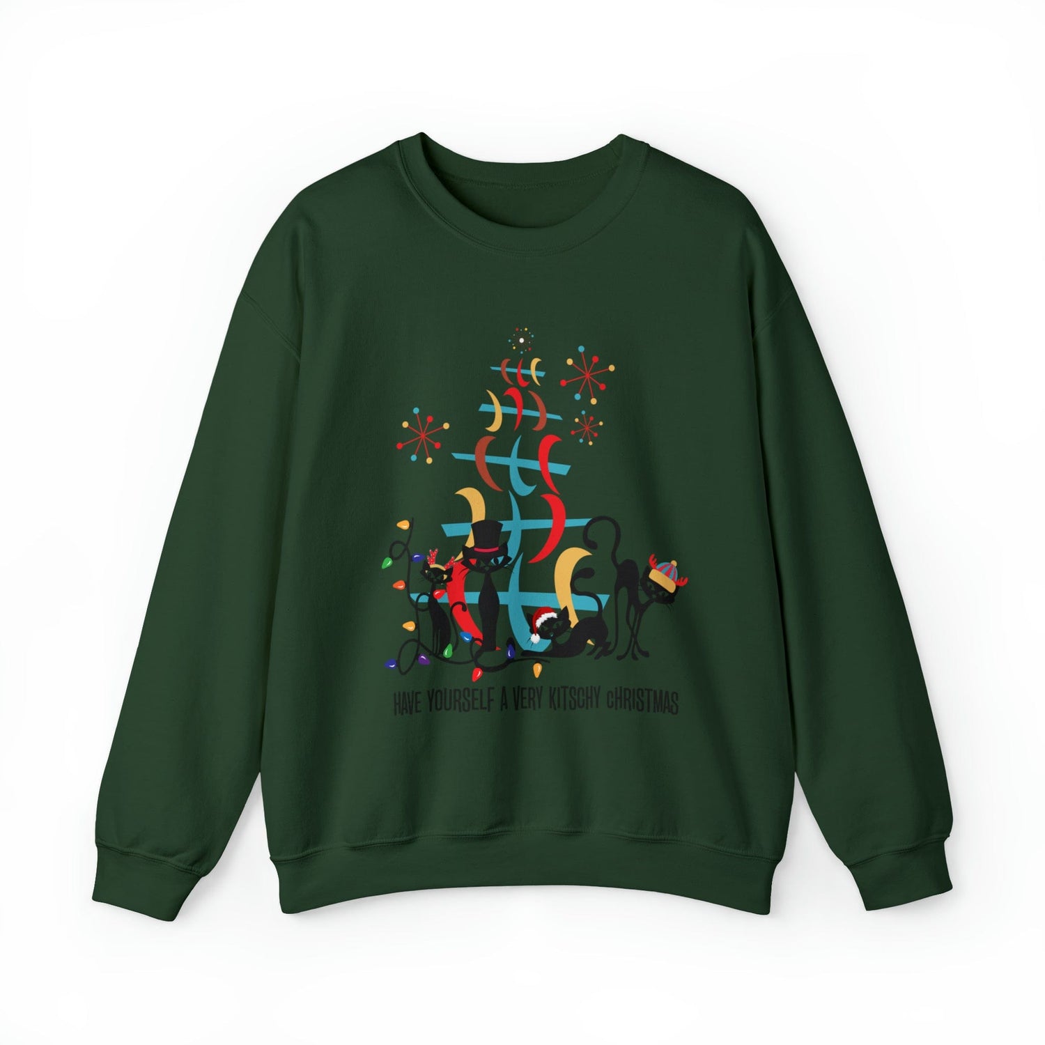 Atomic Cat Christmas Sweater, Have Yourself A Very Kitschy Christmas Cozy Loose Fit, Sweatshirt Sweatshirt S / Forest Green