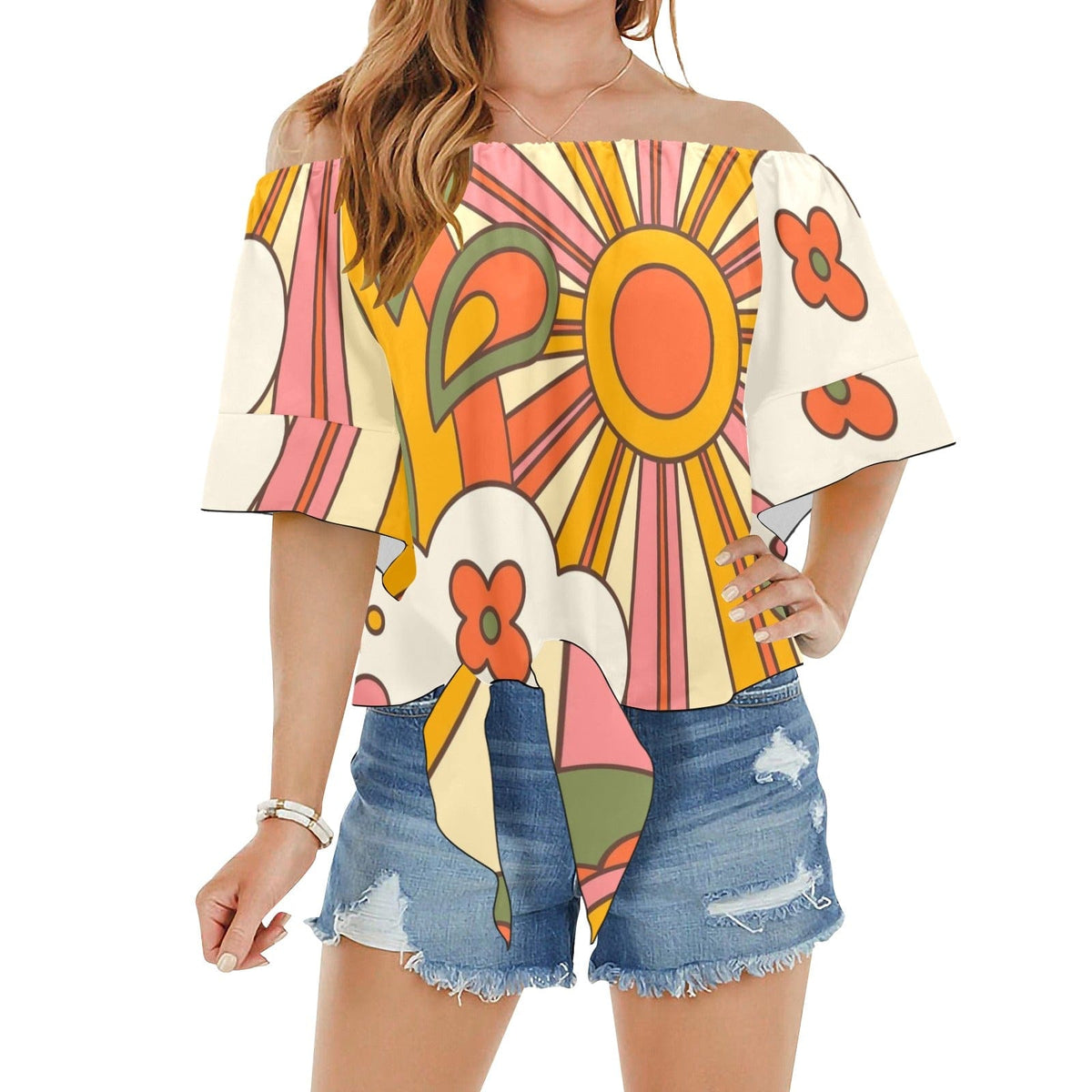 Retro Apparel, Tie At the Waist Flowy Groovy, Mod Blouses S / Groovy sunshine Off Shoulder Knot Front Blouse Top (Model T71)