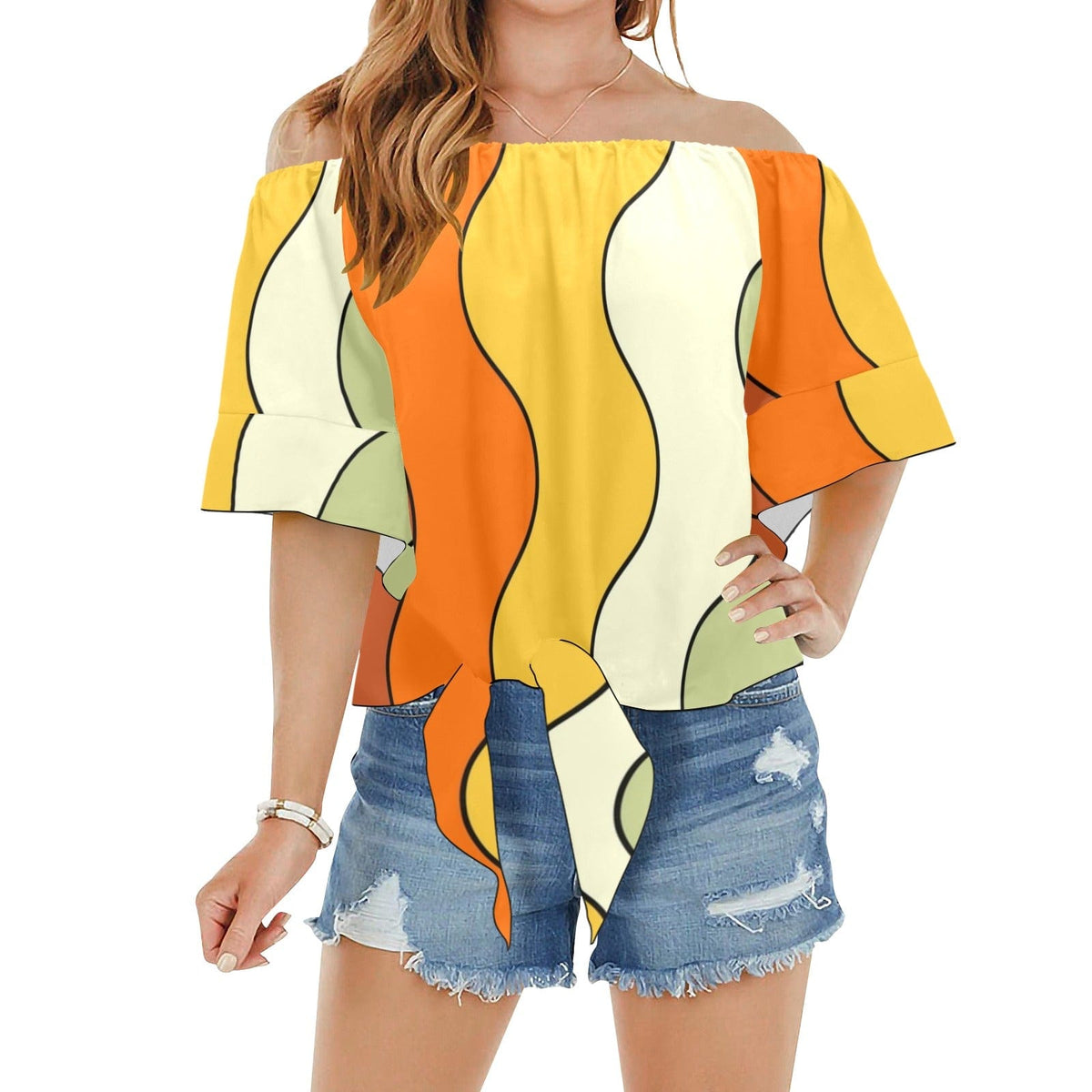 Retro Apparel, Tie At the Waist Flowy Groovy, Mod Blouses S / Groovy Waves Off Shoulder Knot Front Blouse Top (Model T71)